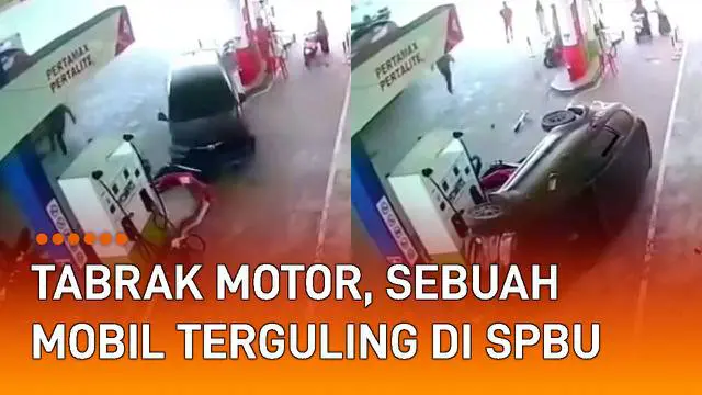 Kejadian tidak terduga dialami oleh sebuah mobil yang menabrak motor dan terguling di SPBU.