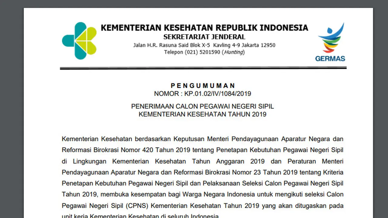 Lowongan CPNS di Kemenkes RI (Foto: screenshoot laman cpns.kemkes.go.id)