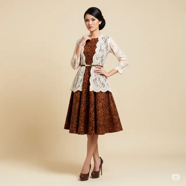 Model Batik Potongan Fit and Flare Kombinasi Brokat yang Elegan.