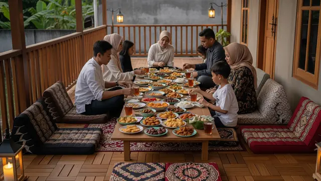 Teras dengan Lantai Decking Kayu dan Bantal Lesehan