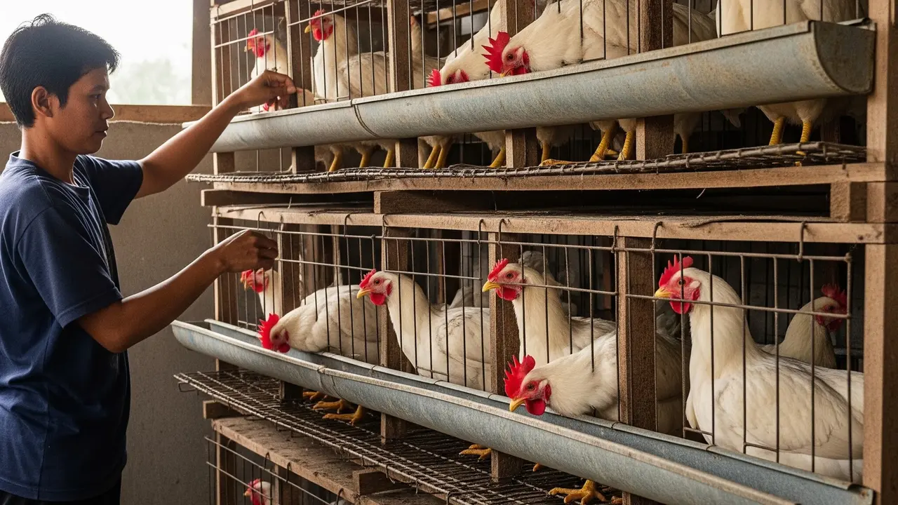 Ternak ayam leghorn dengan kandang baterai bertingkat (Gemini AI)