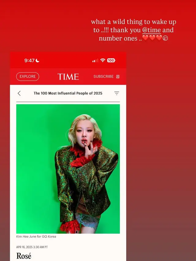 Rosé BLACKPINK menjadi Daftar 100 Tokoh Paling Berpengaruh Tahun 2025 versi majalah TIME. [@roses_are_rosie]