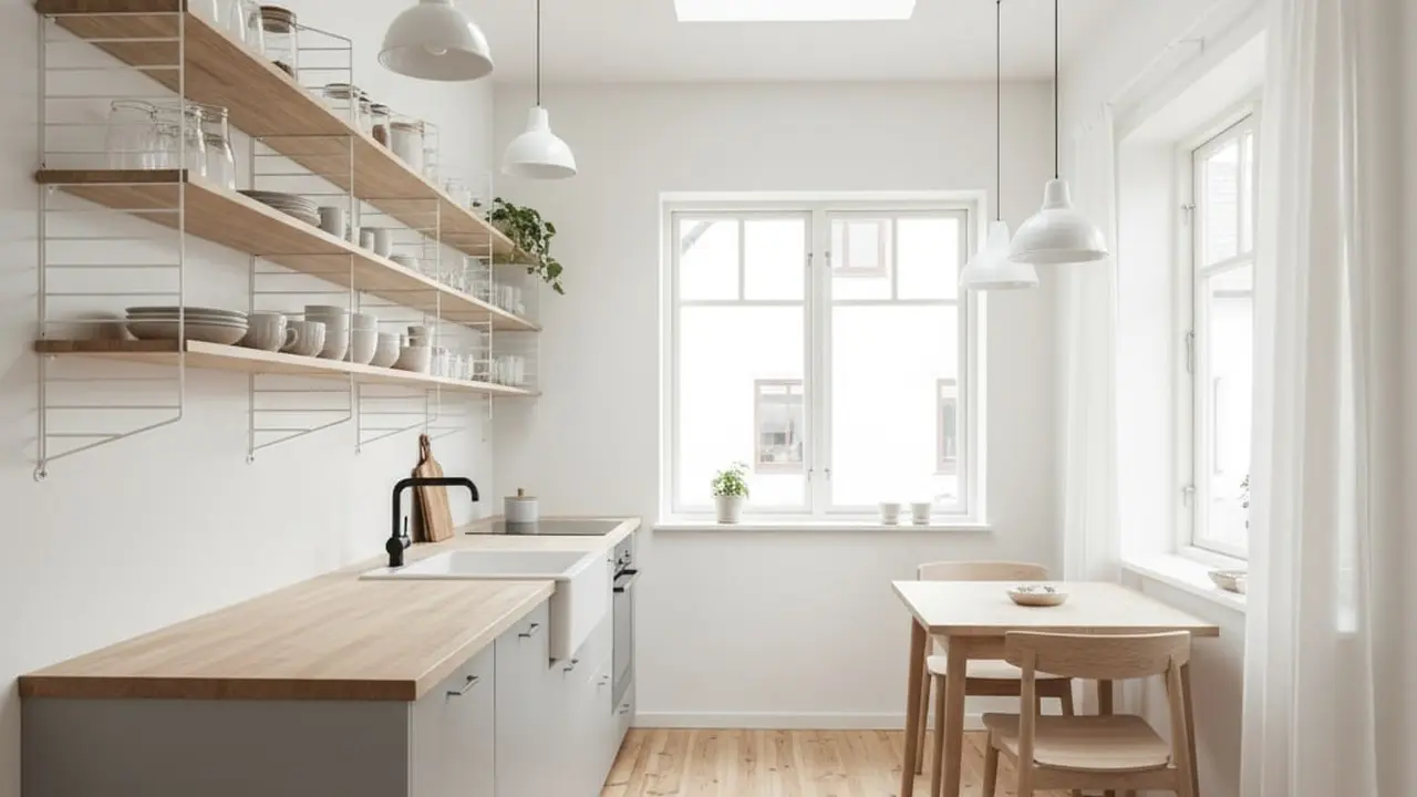 Inspirasi Dapur Kecil Modern dengan Rak Besi Terbuka dan Countertop Kayu