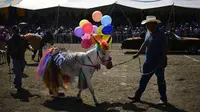 Peserta membawa keledainya yang dihias saat mengikuti National Donkey Fair di Otumba, Meksiko (1/5). National Donkey Fair ini diadakan setiap tahun. (AFP Photo/Pedro Pardo)