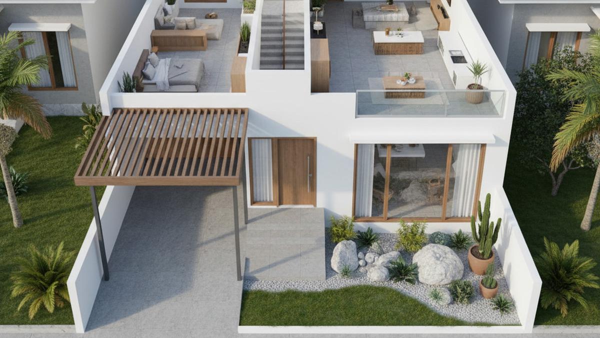 7 Denah Rumah 2 Lantai Dengan Carport dan Taman, Desain Modern