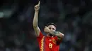 Gelandang Spanyol, Saul Niguez, merayakan gol ke gawang Inggris pada laga UEFA Nation League di Stadion Wembley, London, Sabtu (8/9/2018). Inggris kalah 1-2 dari Spanyol. (AFP/Adrian Dennis)