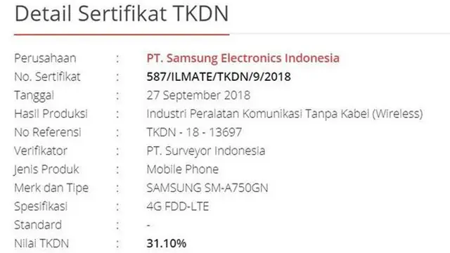 TKDN Galaxy A7 2018