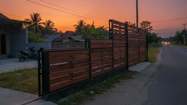 Model Pagar Rumah Ramah Lingkungan dari Kayu Daur Ulang Modern. AI