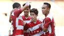 <p>Para pemain Madura United merayakan gol yang dicetak oleh Francisco Rivera saat melawan Persikabo 1973 dalam laga pekan kesembilan BRI Liga 1 2023/2024 di Stadion Wibawa Mukti, Cikarang, Sabtu (19/8/2023). (Bola.com/Abdul Aziz)</p>