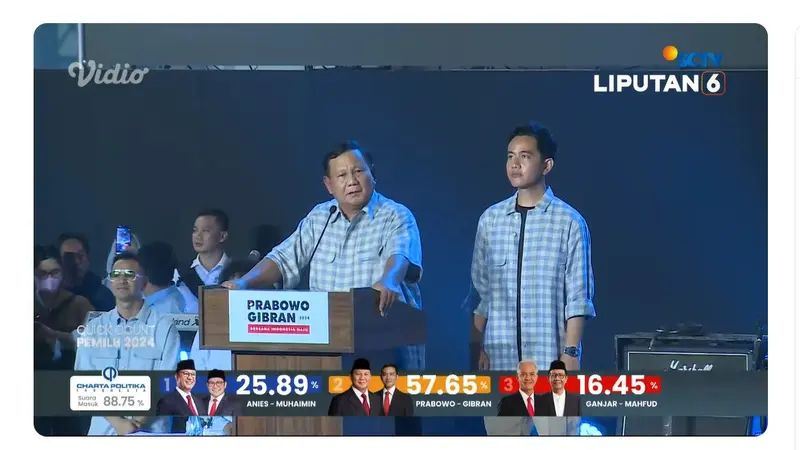 Capres dan Cawapres nomor urut 02 Prabowo Subianto-Gibran Rakabuming Raka saat pidato dan deklarasi kemenangan hasil sementara quick count Pemilu 2024 di Istora Senayan, Rabu (14/2/2024).