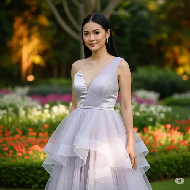 Tulle One Shoulder dengan V-Neck