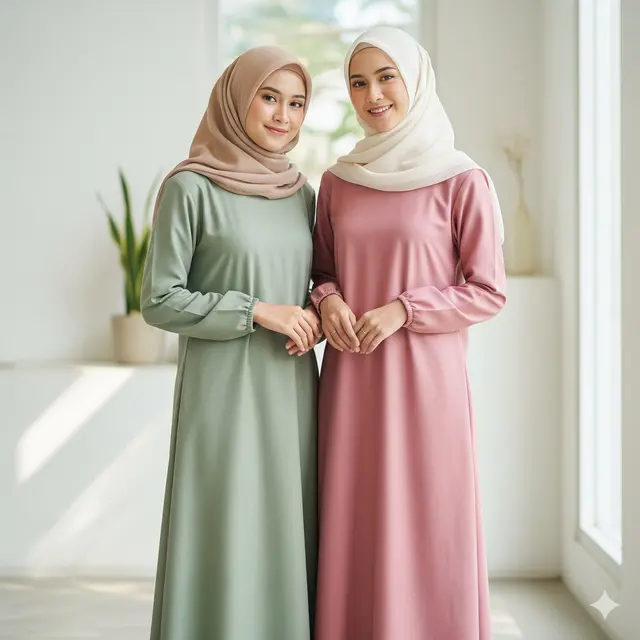 Dress Panjang Polos Casual Kombinasi Hijab Muslim. Foto: Gemini