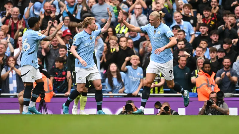 Selebrasi Manchester City saat Haland menjebol gawang Brentford di arena Liga Inggris