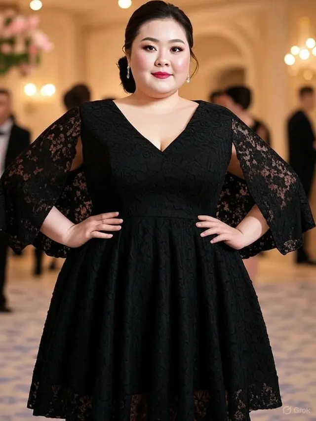 Model Brokat V-Neck Dress Warna Hitam