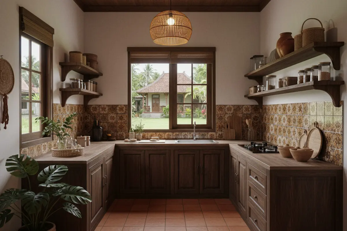 Desain Dapur Kecil Ala Tropis dengan Nuansa Kayu untuk Rumah Desa yang Hangat