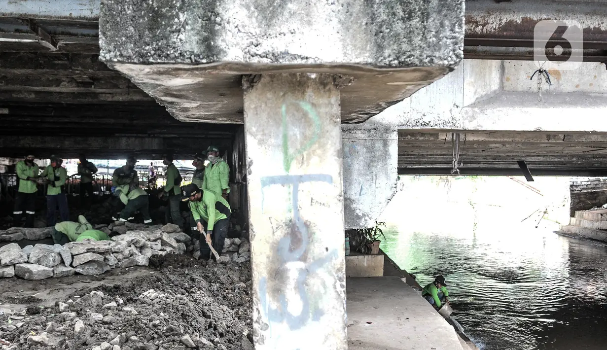 Petugas Suku Dinas Pertamanan Jakarta Pusat menyelesaikan pembangunan taman di kolong Jembatan Pegangsaan, Jakarta, Selasa (19/1/2021). Selain taman, nantinya kolong jembatan tersebut akan dilengkapi lampu-lampu, kolam ikan, dan area memancing. (merdeka.com/Iqbal S. Nugroho)