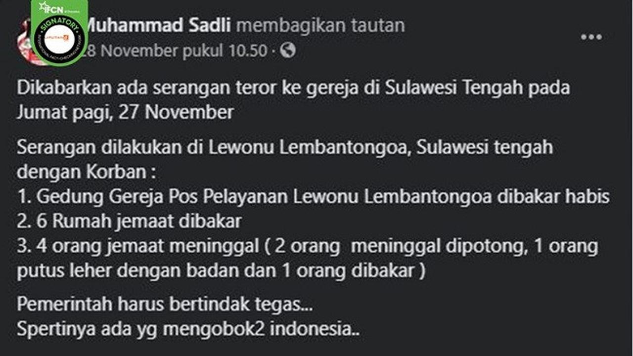 Gambar Tangkapan Layar Kabar tentang Sebuah Gedung Gereja Dibakar dalam Serangan Teror di Sigi, Sulawesi Tengah pada Jumat 27 November 2020 (sumber: Facebook)