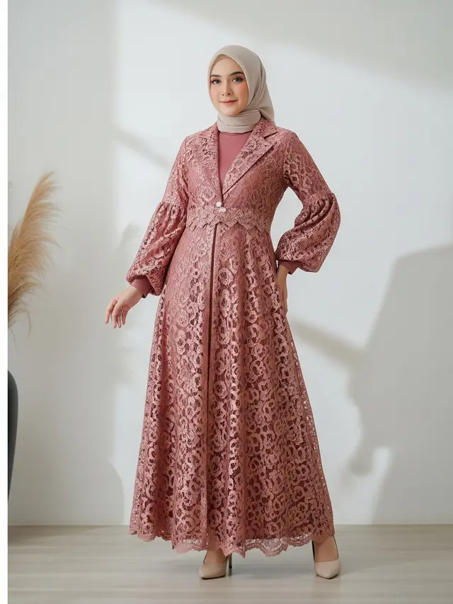 Model Gamis Blazer Brokat Lengan Balon