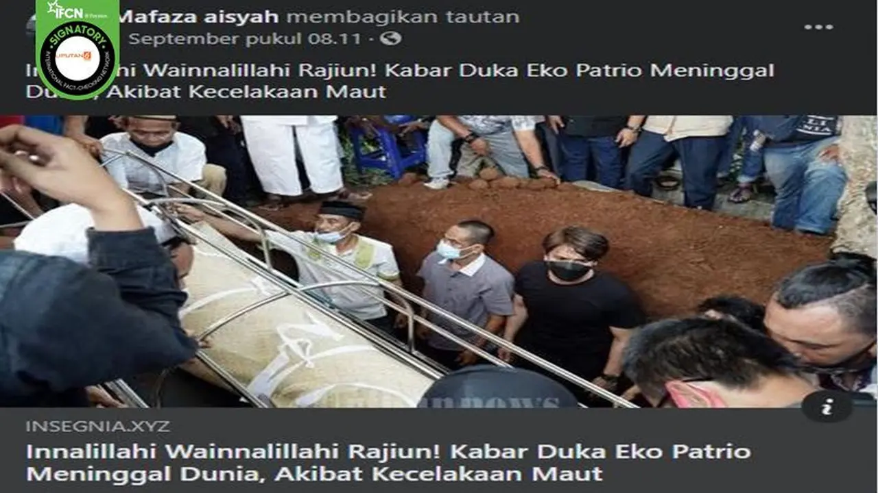 Gambar Tangkapan Layar Kabar Hoaks Artis Eko Patrio Meninggal Dunia pada 1 September 2021 (sumber: Facebook).