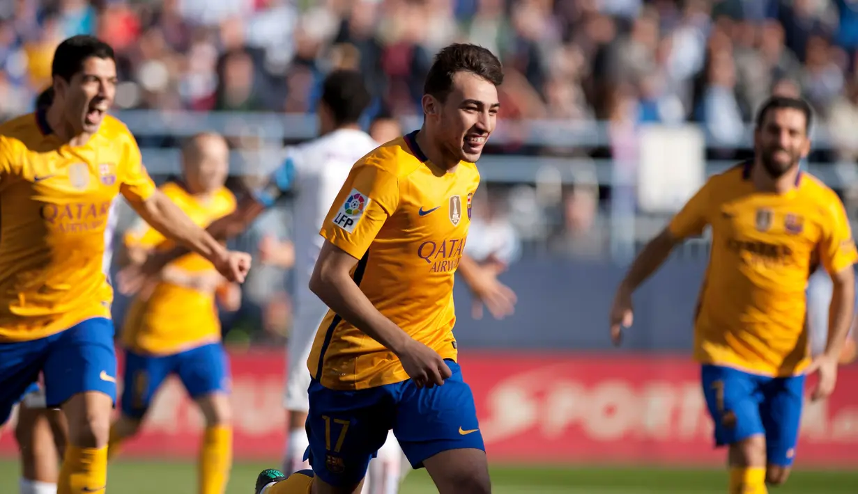 Ekspresi Munir El Haddadi setelah mencetak gol pertama Barcelona di menit ke-2 ke gawang Malaga dalam laga La Liga Spanyol di Stadion La Rosaleda, Malaga, Sabtu (23/1/2016). Barcelona menang 2-1. (AFP/Jorge Guerrero)