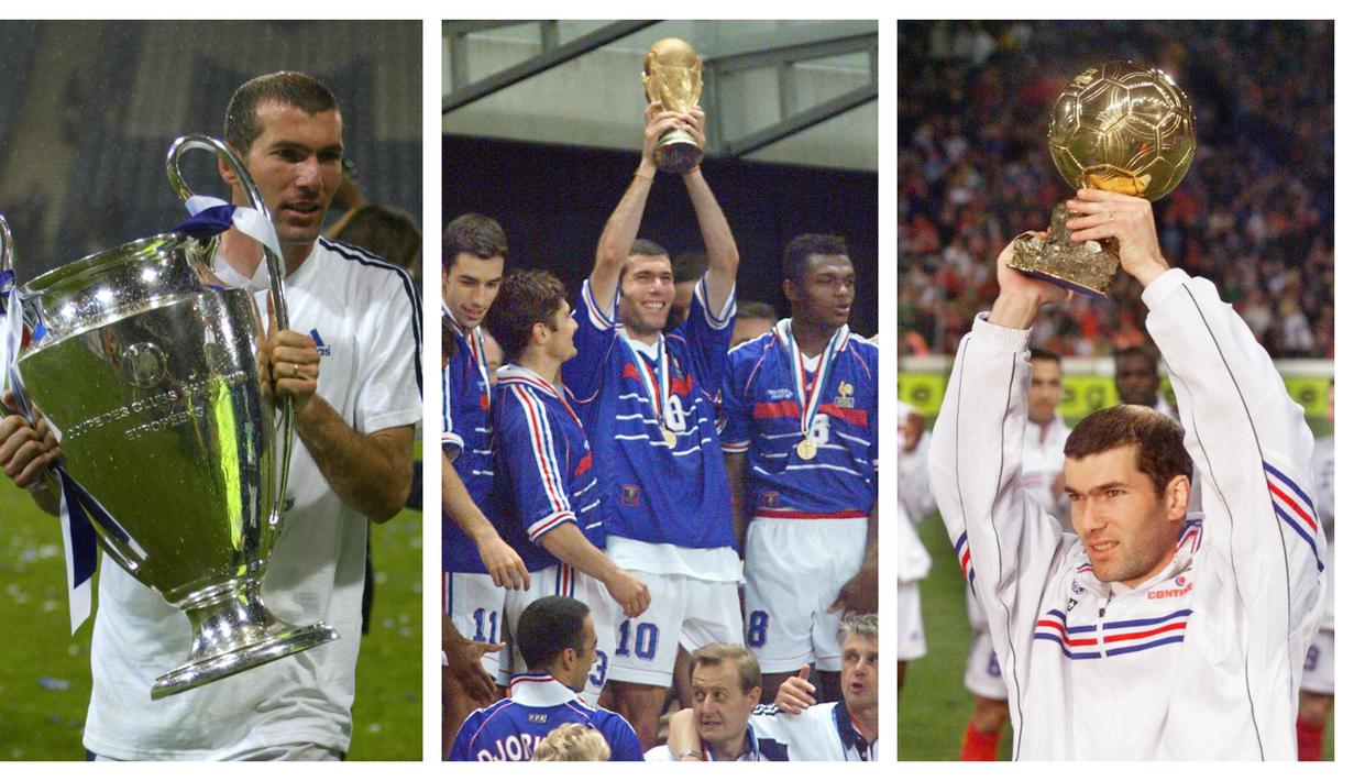 Zinedine Zidane. Eks gelandang serang Timnas Prancis dan Real Madrid ini menjadi pesepak bola Eropa kelima alias terakhir yang mampu mengoleksi ketiga gelar prestisius tersebut. Trofi Piala Dunia diraihnya bersama Les Bleus pada edisi 1998, Ballon d'Or juga diraihnya pada edisi 1998 serta trofi Liga Champions diraihnya bersama Real Madrid pada musim 2001/2002. (Kolase AFP)