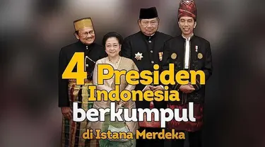 Peristiwa langka terjadi di Istana Merdeka dalam rangkaian peringatan kemerdekaan ke-72 Indonesia. Presiden Joko Widodo dan Wakil Presiden Jusuf Kalla berfoto bersama presiden ke-6 Susilo Bambang Yudhoyono dan presiden ke-5 Megawati Soekarnoputri.