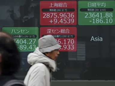 Orang-orang berjalan melewati layar monitor yang menunjukkan indeks bursa saham Nikkei 225 Jepang dan lainnya di sebuah perusahaan sekuritas di Tokyo, Senin (10/2/2020). Pasar saham Asia turun pada Senin setelah China melaporkan kenaikan dalam kasus wabah virus corona. (AP Photo/Eugene Hoshiko)