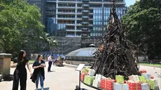Dua wanita melihat instalasi yang dijuluki 'Pohon Natal yang Terbakar' di Sydney (18/12/2019). Instalasi Pohon Natal ini untuk mendukung Dana Bantuan dan Pemulihan Bencana Palang Merah Australia di tengah situasi kebakaran hutan. (AFP/Peter Parks)