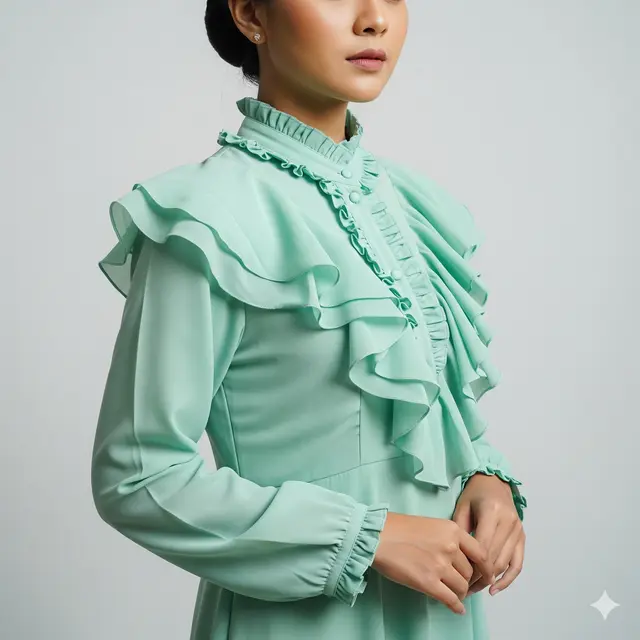 Model Long Dress Bahan Sifon Dengan Potongan Ruffle Feminin