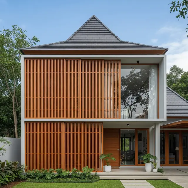 Desain Rumah Minimalis di Desa dengan Atap Limasan dan Sentuhan Kayu Alami