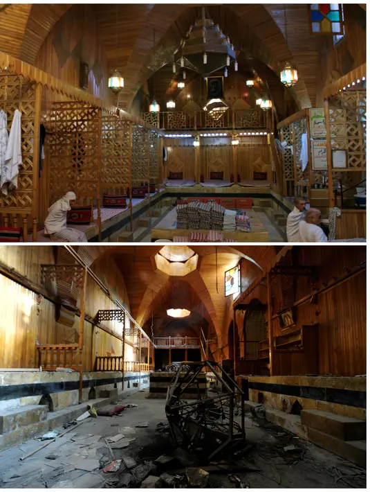 Foto kombinasi menunjukkan Hamam El Nahasin, di Kota Tua Aleppo, Suriah sebelum rusak pada tanggal 6 Oktober 2010 (atas) dan setelah rusak 17 Desember 2016.( REUTERS / (Atas) Khalil Ashawi / Omar Sanadiki)