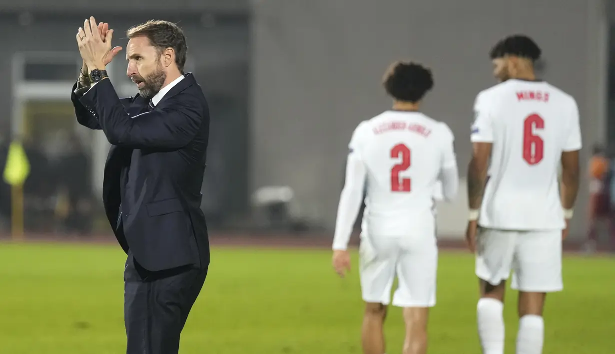 Pasukan Gareth Southgate lolos ke Piala Dunia 2022 dengan rekor tak terkalahkan dalam 10 pertandingan Grup I Kualifikasi Zona Eropa dengan delapan kemenangan dan dua hasil imbang. (AP/Antonio Calanni)