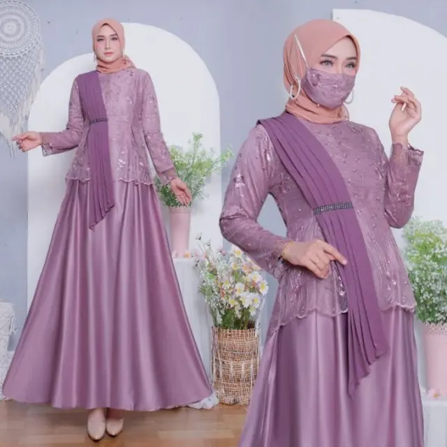 Inspirasi Model Gamis Syari A-Line Kombinasi Brokat/via Lazada