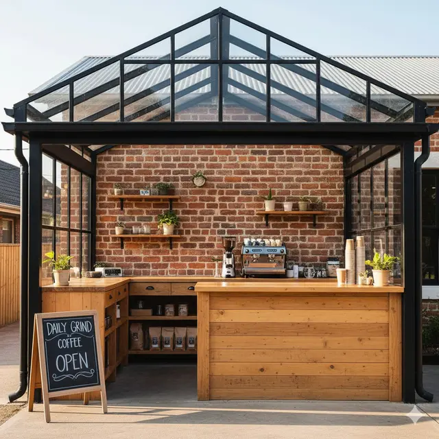 Desain Teras Rumah Mungil untuk Usaha Kopi Take Away Tren 2025. Gemini