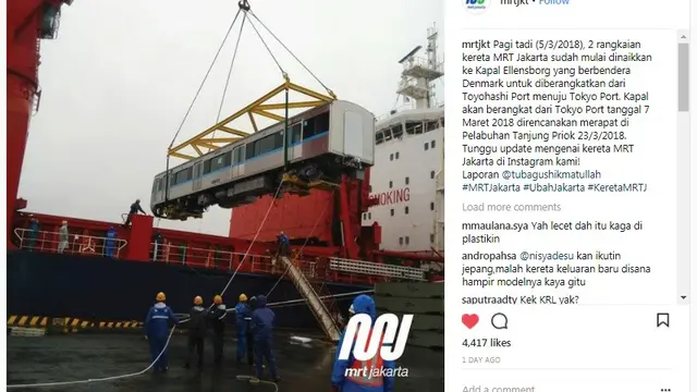 Kereta MRT yang siap dikirim ke Jakarta (instagram @mrtjkt)