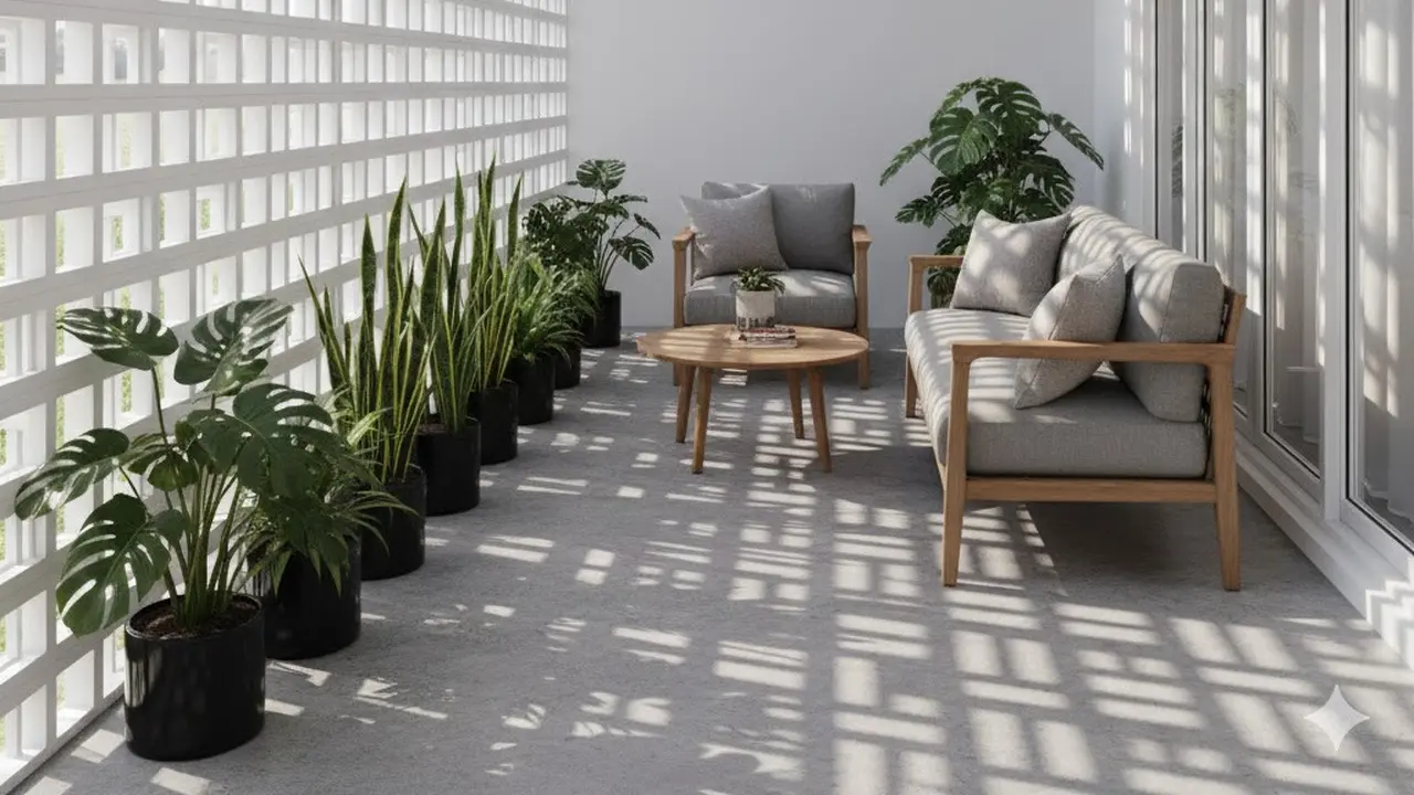 Teras Rumah Modern dengan Dinding Roster Tembus Cahaya (Image by Gemini AI)