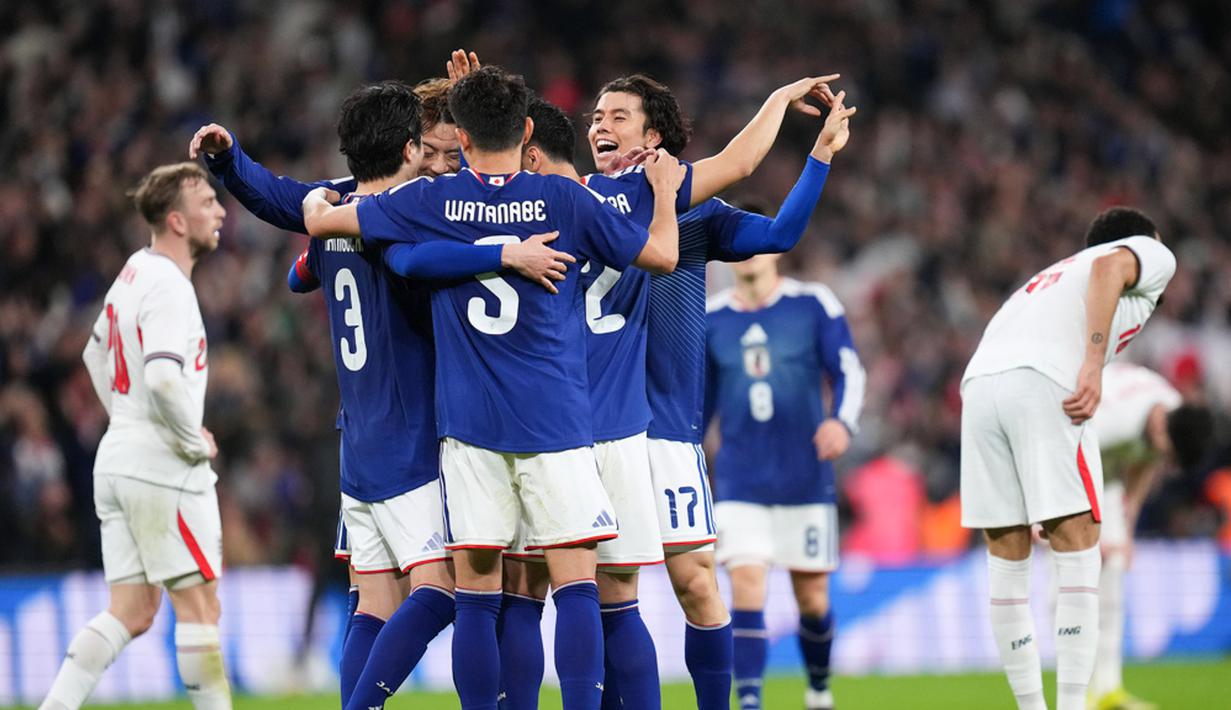 Timnas Inggris kalah tipis 0-1 dari Timnas Jepang di laga uji coba internasional di Stadion Wembley, Rabu (01/04/2026) dini hari WIB. (AP Photo/Kirsty Wigglesworth)