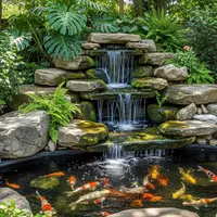 Kolam Ikan Batu Alam dengan Air Terjun Bertingkat/Model Kolam Ikan dengan Air Terjun Mini di Rumah  (Sumber: gemini.com)