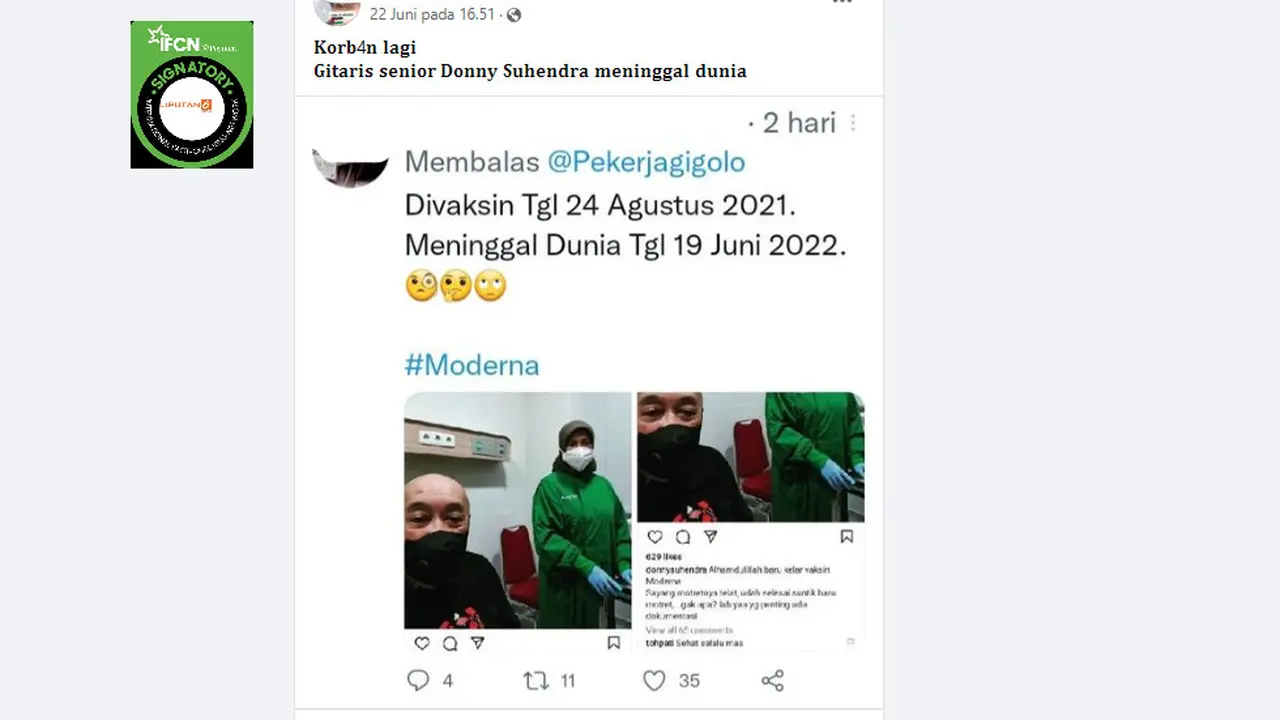 Tangkapan layar klaim gitaris senior Donny Suhendra meninggal akibat vaksin