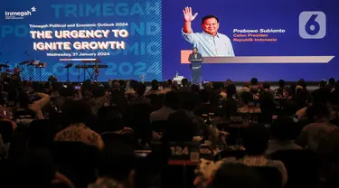 Calon Presiden (Capres) nomor urut 2, Prabowo Subianto memberikan paparan dalam acara Trimegah Political and Economic Outlook 2024 di Jakarta, Rabu, (31/1/2024). (Liputan6.com/Angga Yuniar)