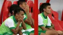 Ekspresi pemain Indonesia U-23 di bangku cadangan. (Bola.com/Arief Bagus)