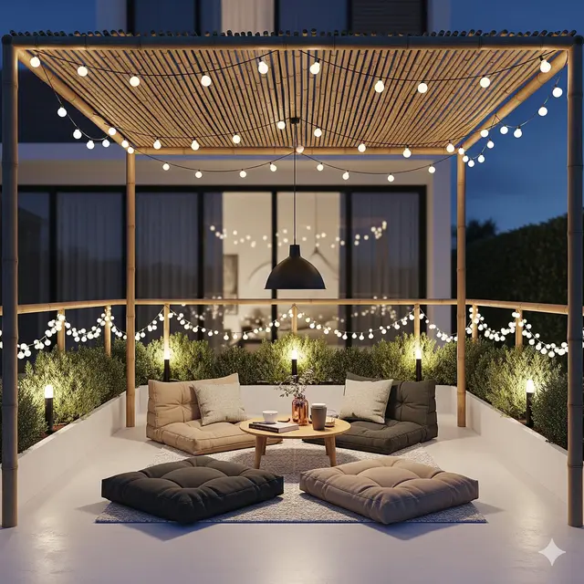 Lesehan dengan Kanopi Bambu atau String LED