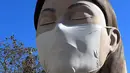 Seorang pria berselfie di depan patung raksasa mengenakan masker yang akan ditampilkan di festival Las Fallas atau festival api di Valencia, Spanyol, Rabu (11/3/2020). Festival Fallas yang akan berlangsung pada 13 Maret telah dibatalkan karena wabah coronavirus. (AFP/Jose Jordan)
