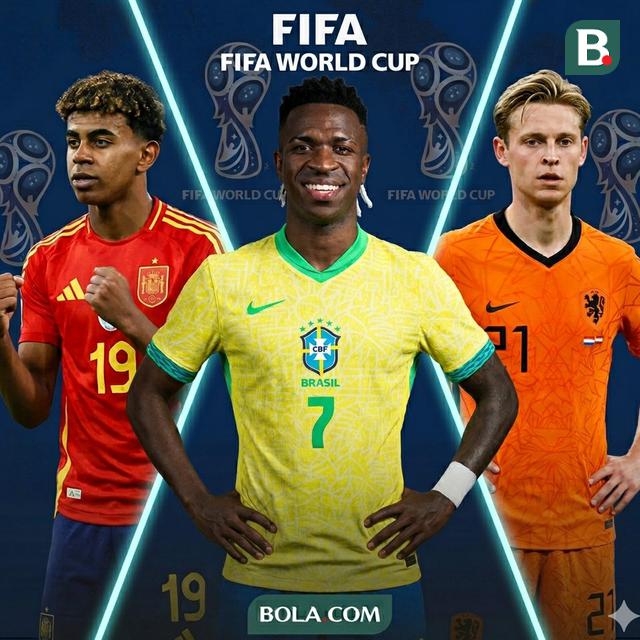 Ilustrasi bintang Piala Dunia 2026, Lamine Yamal, Vinicius Junior, Kylian Mbappe, Frenkie de Jonk (Bola.com/AFP/Gemini)