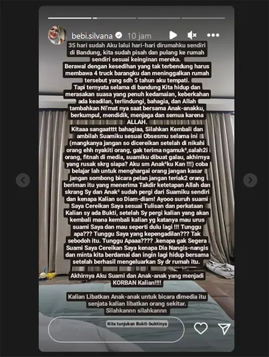 "Silahkan kembali dan ambillah suamiku sesuai obsesmu selama ini (mangkanya jangan sok diceraikan. Setelah dinikahi orang eh nyakiti orang, nggak terima, ngamuk-ngamuk, salah-salahin orang, fitnah di media, suamiku dibuat galau. Akhirnya yang rusak sekarang siapa? Aku sama anak-anakku kan," sambung Bebi Silvana. [Instagram/bebi.silvana]