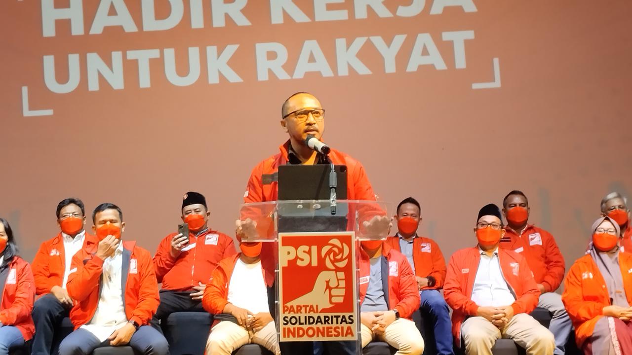 Ketum DPP PSI, Giring Ganesha saat membuka pendaftaran bakal caleg untuk Pemilu 2024. (Liputan6.com/Winda Nelfira)