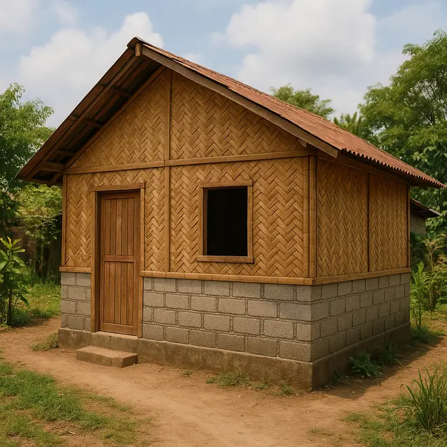 Model Rumah Sederhana Batako dengan Dinding Anyaman Bambu di Desa (Image by ChatGPT)