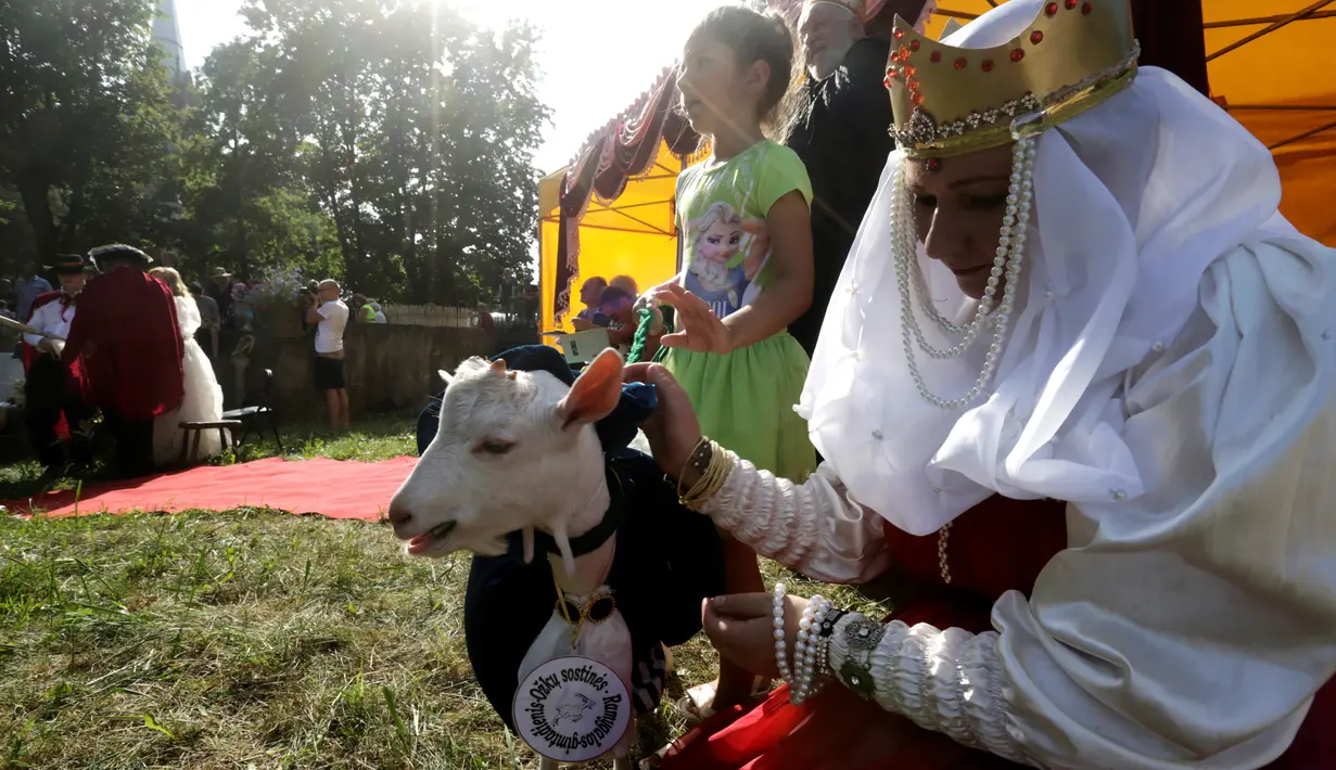 Seorang wanita mengenakan kostum bersama kambingnya selama kontes kecantikan kambing di Ramygala, Lithuania, Minggu (26/6). Kambing telah menjadi simbol desa Ramygala sejak abad pertengahan dan sangat dihargai oleh penduduk setempat.(REUTERS/Ints Kalnins)