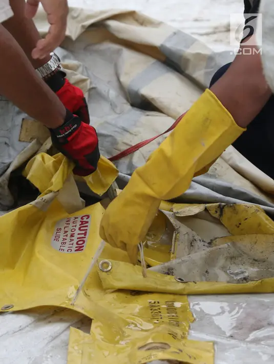 Petugas mengecek dan mengidentifikasi barang property pesawat Lion Air PK-LQP JT 610 di Pelabuhan JICT 2, Jakarta, Senin (5/11). Sejumlah barang ditemukan petugas gabungan dalam operasi pencarian. (Liputan6.com/Helmi Fithriansyah)