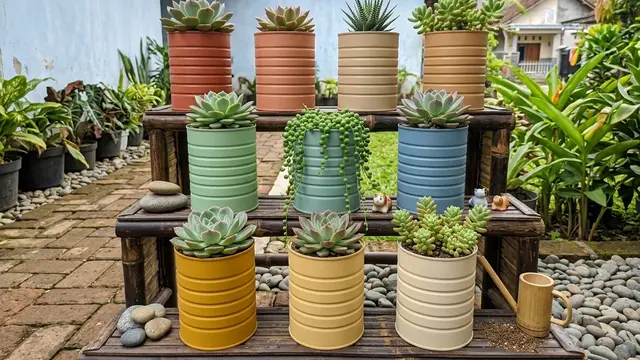 Ide Kaleng Susu Bekas Jadi Pot Tanaman Hias Model Kombinasi Warna untuk Sukulen